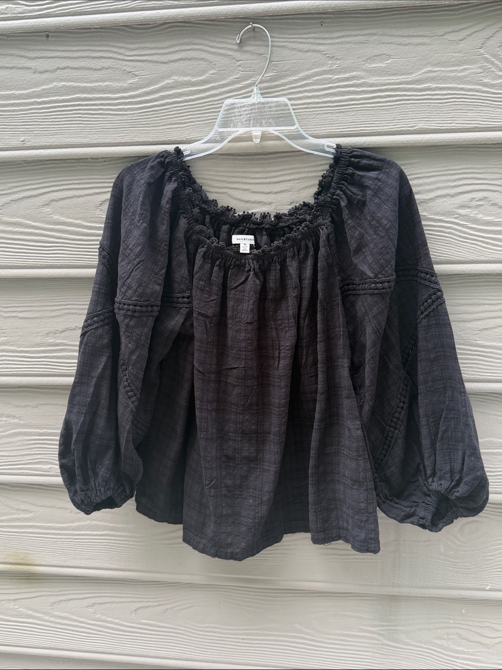 Max Studio Black Peasant Blouse with Smocked Neckline